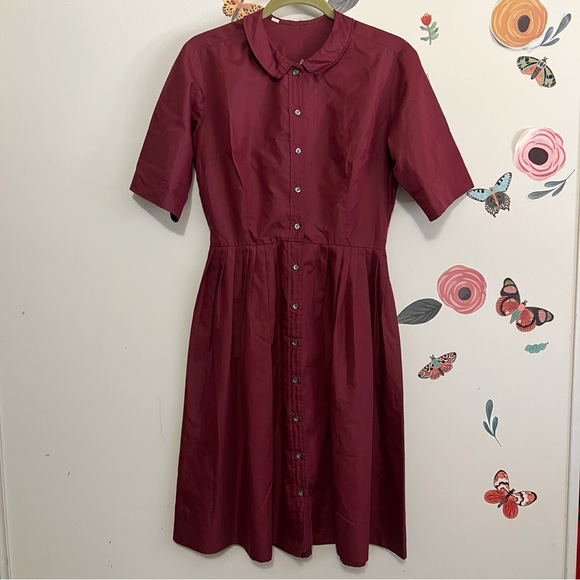 Vintage Fit and Flare Burgundy Button-Up Dress M - Picture 1 of 7